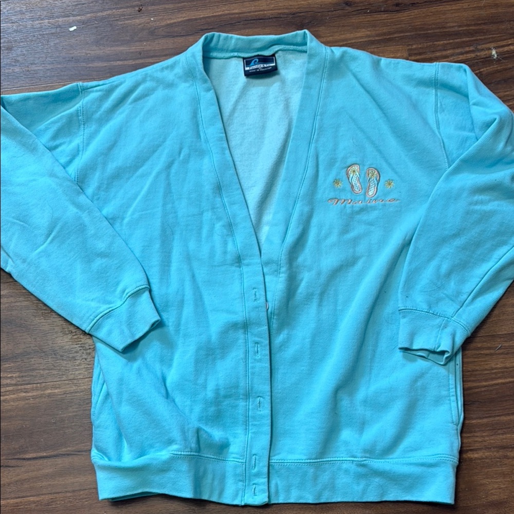 Maine blue cotton cardigan sweater jacket with embroidered flip flops Maine